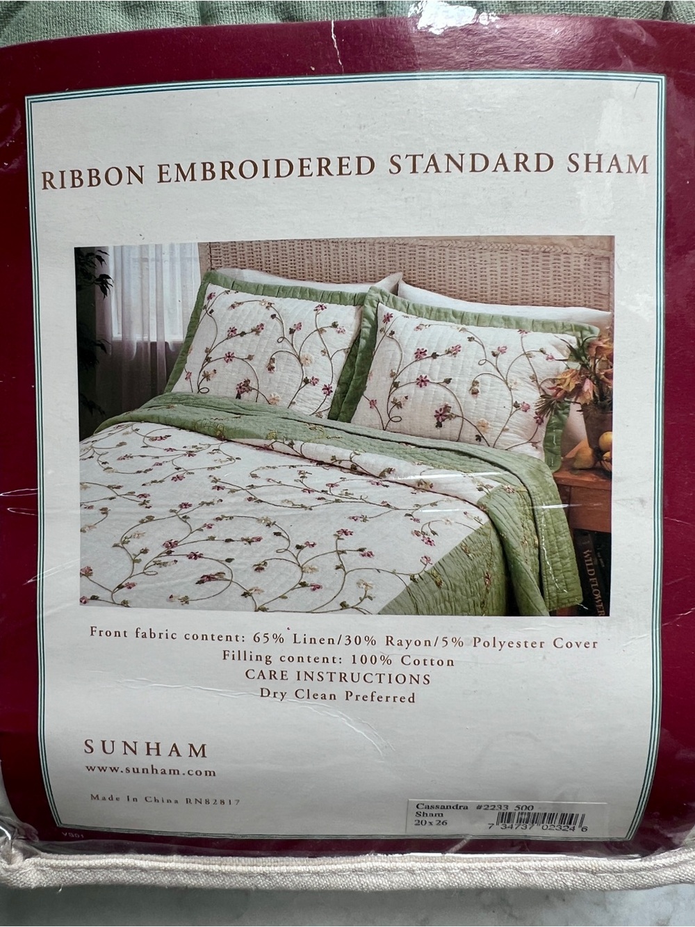 Ribbon Embroidered king size Bedding Set in Green and Cream
